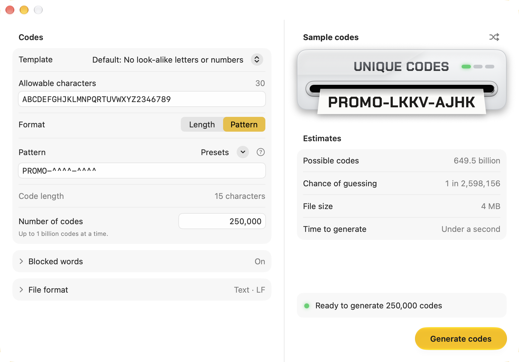 The Unique Code Generator window, set to make 250,000 codes such as PROMO-LKKV-AJHK, with estimates beside it.